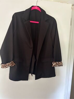 Black Women's Open Blazer with Leopard Cuff Detail